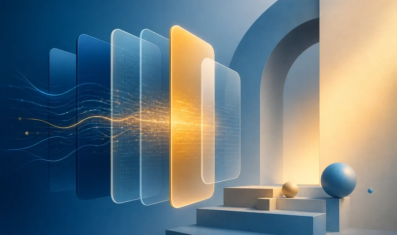 An abstract illustration about technology and human ingenuity. Geometric forms in calm blue and warm gold. No people, text, logos, brands, realistic events, charts, numbers or claims. Clearly an illustration.