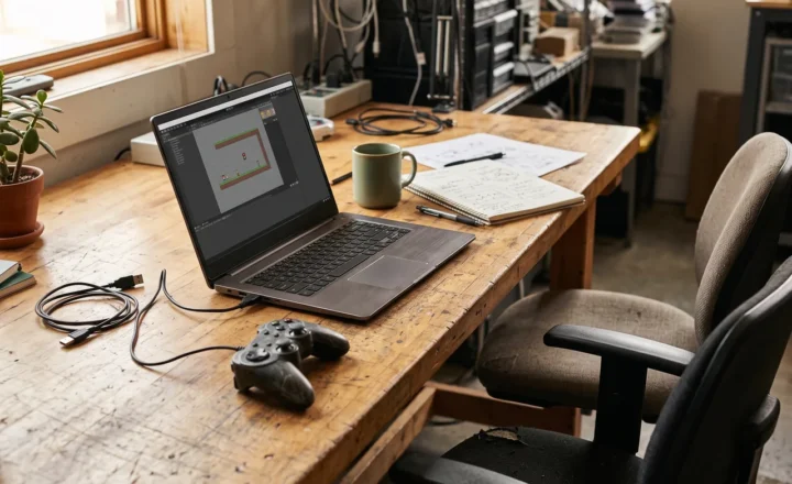 An open laptop displaying a game-editing interface sits on a worn wooden workbench beside a wired game controller, mug, notebook and loose papers. Two office chairs stand to the right, with cables and equipment shelving in the background.