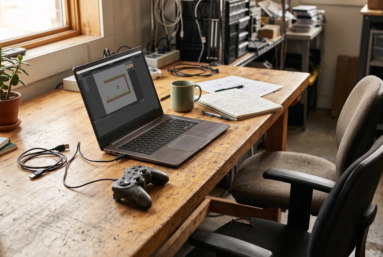 An open laptop displaying a game-editing interface sits on a worn wooden workbench beside a wired game controller, mug, notebook and loose papers. Two office chairs stand to the right, with cables and equipment shelving in the background.