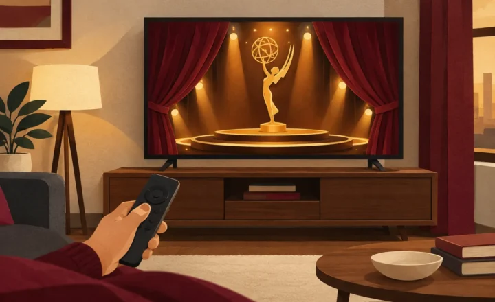 An original editorial illustration in a cut-paper style: a television and remote in a living room, with a theatrical curtain and warm stage lights depicted on the screen to suggest an awards ceremony moving to streaming. Use burgundy, cream, charcoal and warm amber. Include no text, logos, watermarks, trademarks or fabricated documentary evidence.