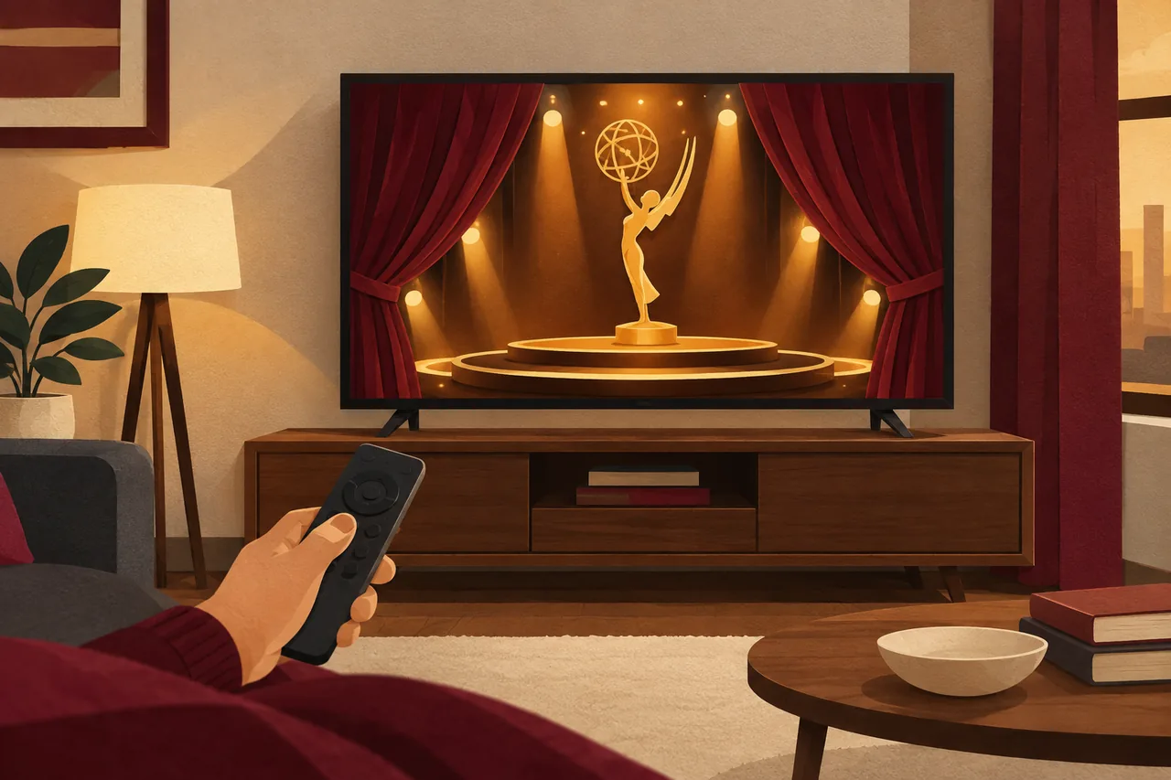 An original editorial illustration in a cut-paper style: a television and remote in a living room, with a theatrical curtain and warm stage lights depicted on the screen to suggest an awards ceremony moving to streaming. Use burgundy, cream, charcoal and warm amber. Include no text, logos, watermarks, trademarks or fabricated documentary evidence.