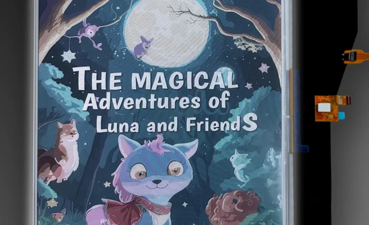 Color e-paper display showing an illustrated cover titled “The Magical Adventures of Luna and Friends,” with cartoon animals beneath a full moon and exposed ribbon connectors along the right side.