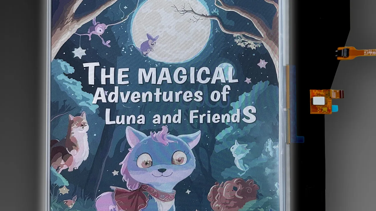 Color e-paper display showing an illustrated cover titled “The Magical Adventures of Luna and Friends,” with cartoon animals beneath a full moon and exposed ribbon connectors along the right side.