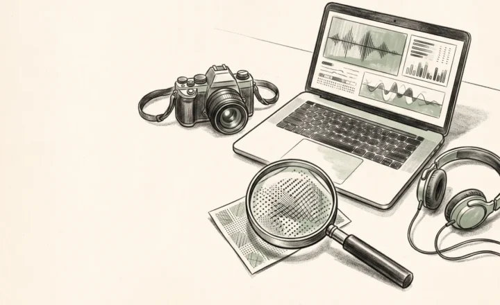 An original editorial illustration without text, logos, watermarks, trademarks, or fabricated documentary evidence: a drawn still life of a laptop, camera and headphones representing image, video and audio checks, with a magnifying glass over a small patterned image sample. Use warm paper tones, charcoal and muted green. Avoid symbols implying that unchecked content is authentic.