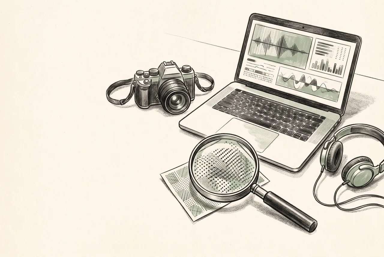 An original editorial illustration without text, logos, watermarks, trademarks, or fabricated documentary evidence: a drawn still life of a laptop, camera and headphones representing image, video and audio checks, with a magnifying glass over a small patterned image sample. Use warm paper tones, charcoal and muted green. Avoid symbols implying that unchecked content is authentic.