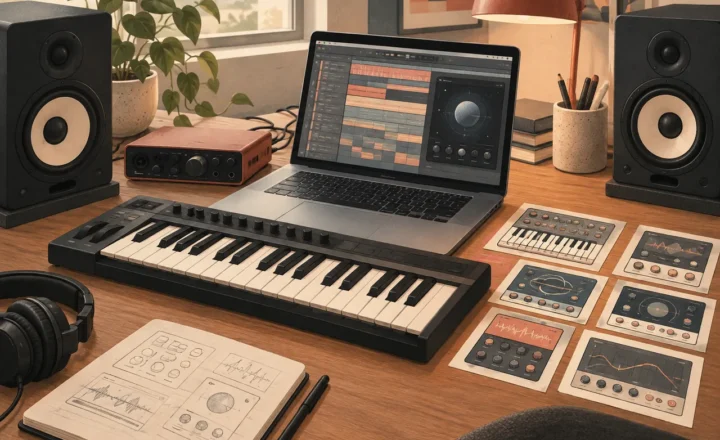 An original editorial illustration of a music-production desk with a laptop, MIDI keyboard, audio interface and studio monitors. Use a warm charcoal, cream and muted coral palette, with hand-drawn instrument and effect modules arranged beside the keyboard to suggest custom music tools. Include no text, logos, watermarks, trademarks or fabricated documentary evidence.