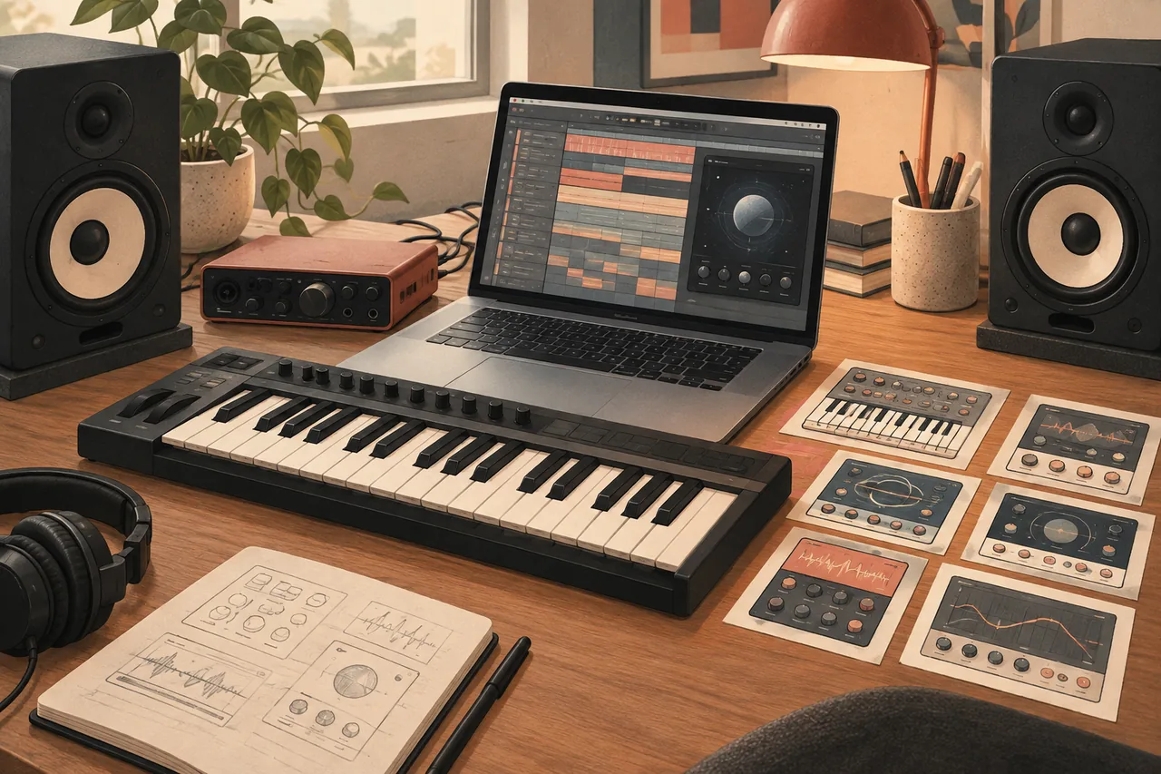 An original editorial illustration of a music-production desk with a laptop, MIDI keyboard, audio interface and studio monitors. Use a warm charcoal, cream and muted coral palette, with hand-drawn instrument and effect modules arranged beside the keyboard to suggest custom music tools. Include no text, logos, watermarks, trademarks or fabricated documentary evidence.