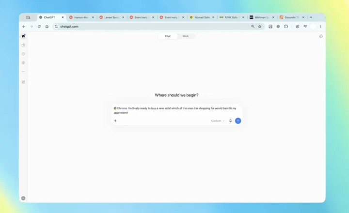 ChatGPT open in Chrome with multiple furniture-shopping tabs and a Chrome-tagged prompt asking which sofa would best fit an apartment, framed by a blue, green and yellow gradient background.