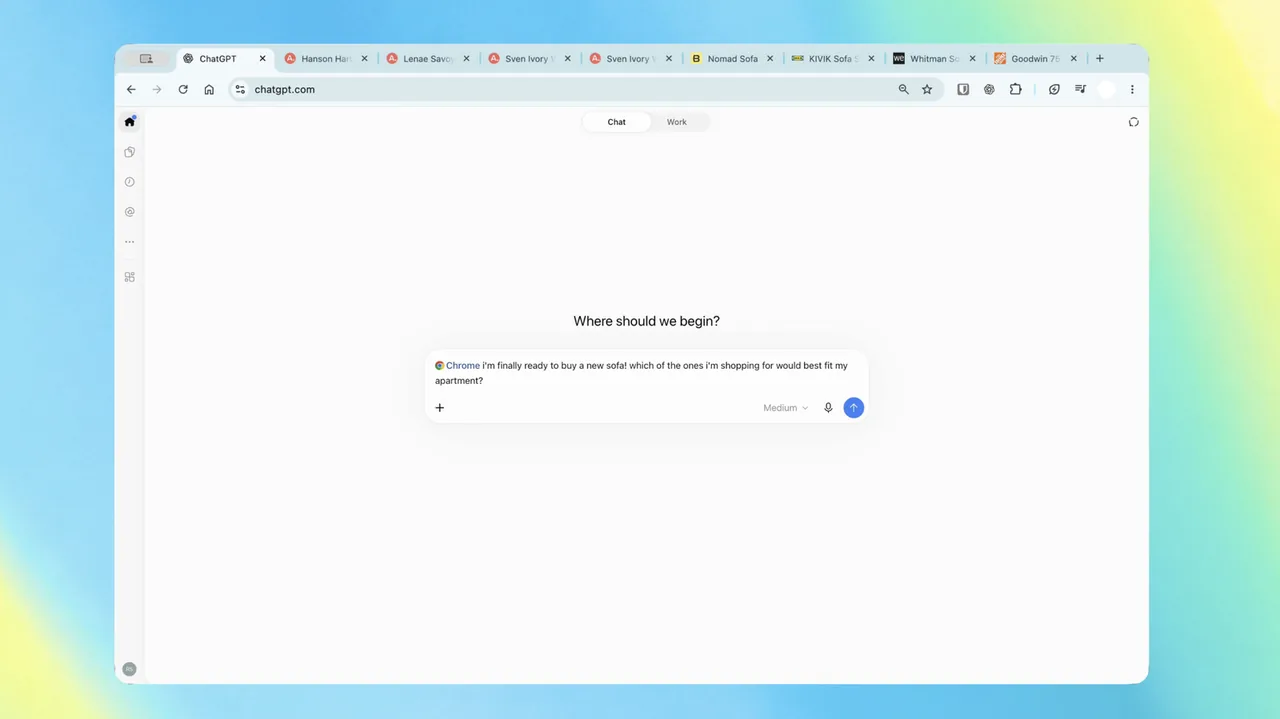 ChatGPT open in Chrome with multiple furniture-shopping tabs and a Chrome-tagged prompt asking which sofa would best fit an apartment, framed by a blue, green and yellow gradient background.