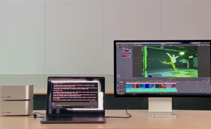 Two stacked silver Mac Studio desktops beside an open laptop showing terminal text and a large external monitor displaying a video-editing interface, arranged on a desk.