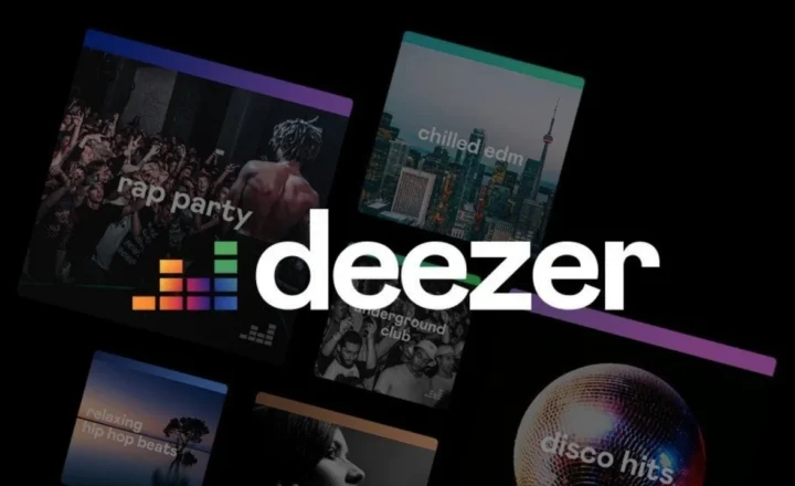 Large white Deezer wordmark and multicolored equalizer symbol over tilted playlist tiles labeled rap party, chilled edm, underground club, relaxing hip hop beats, and disco hits on a black background.