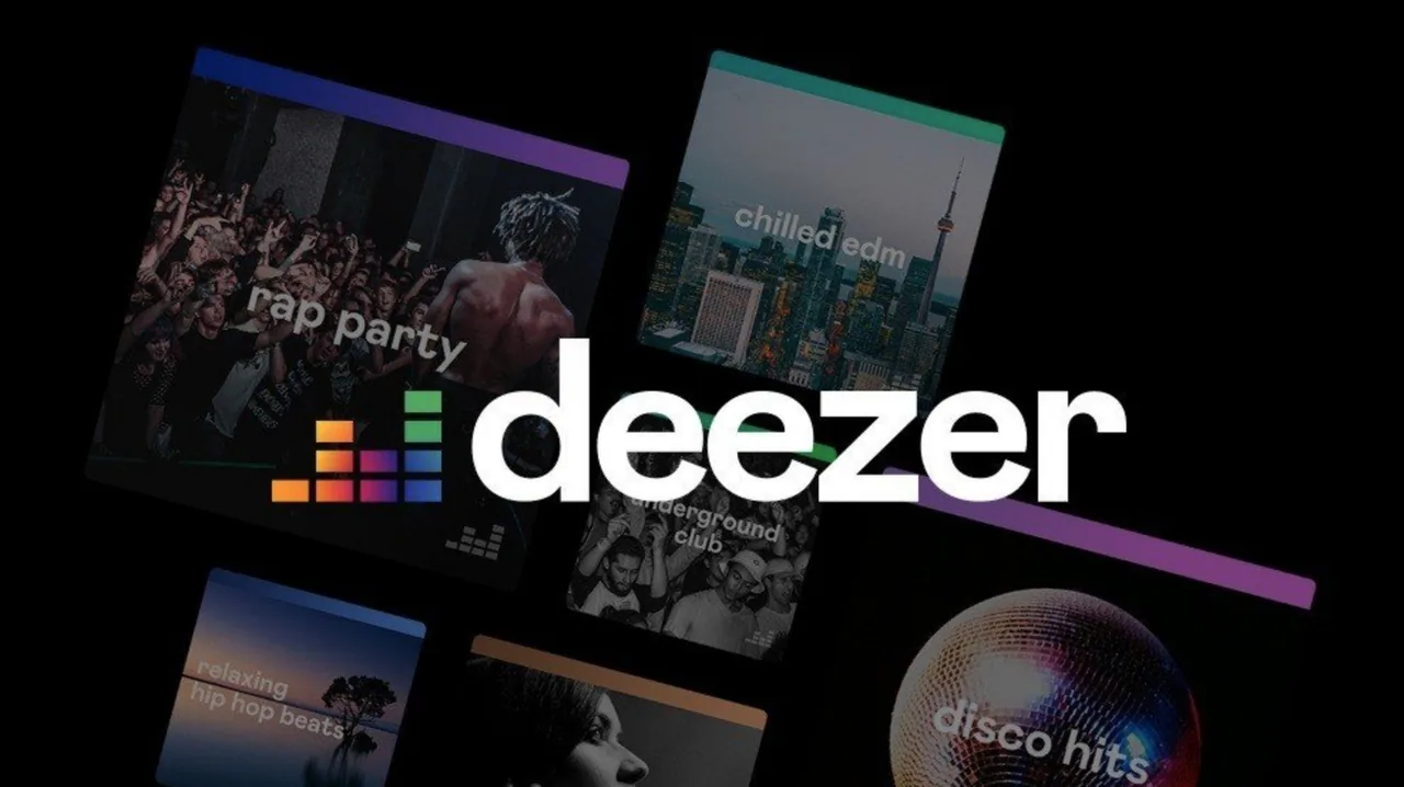 Large white Deezer wordmark and multicolored equalizer symbol over tilted playlist tiles labeled rap party, chilled edm, underground club, relaxing hip hop beats, and disco hits on a black background.