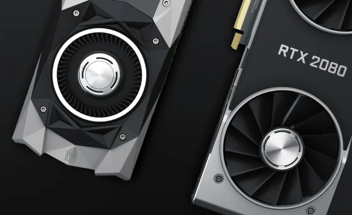 Two graphics cards with cooling fans on a dark background; one is labelled RTX 2080.