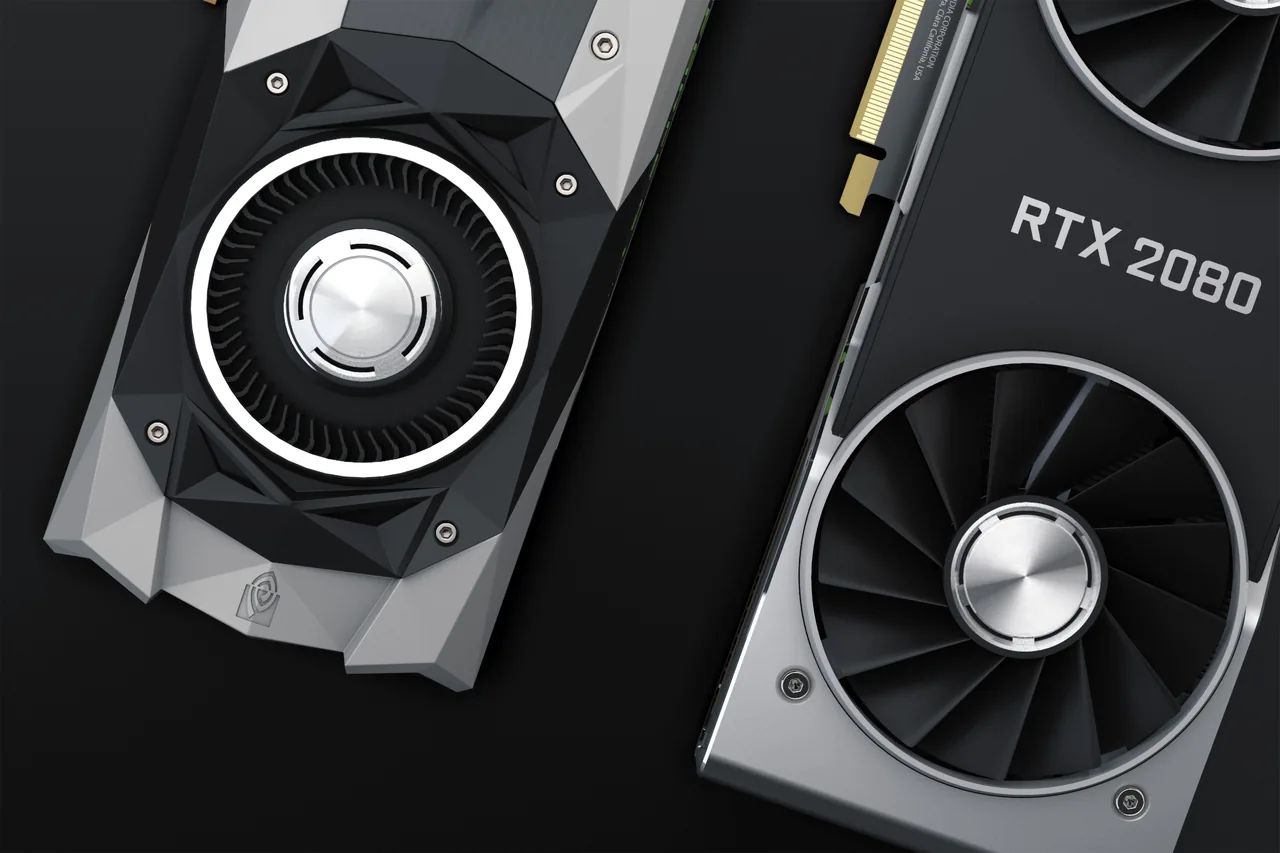 Two graphics cards with cooling fans on a dark background; one is labelled RTX 2080.
