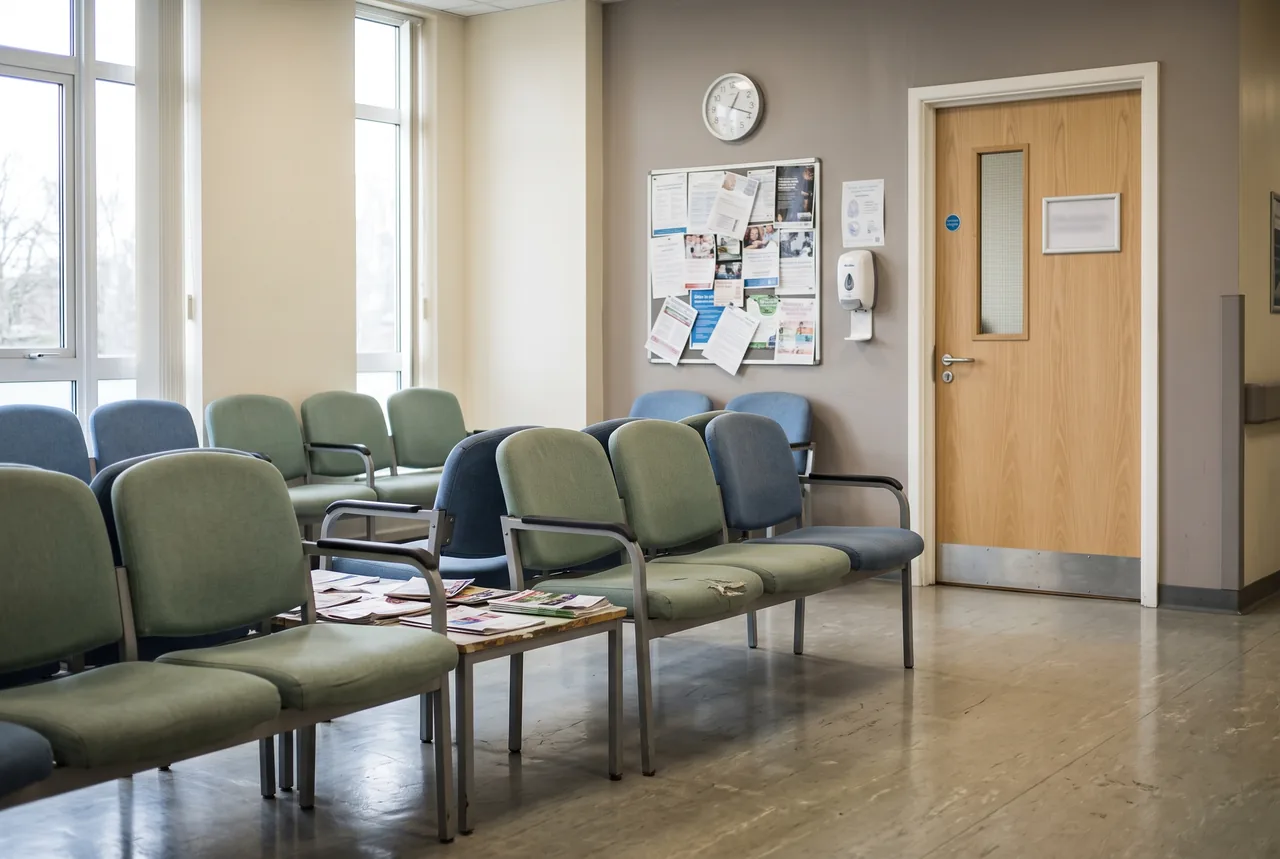An empty waiting room with rows of green and blue chairs, a low table covered with magazines, and tall windows on the left. A clock, noticeboard and wall dispenser hang beside a closed wooden door.