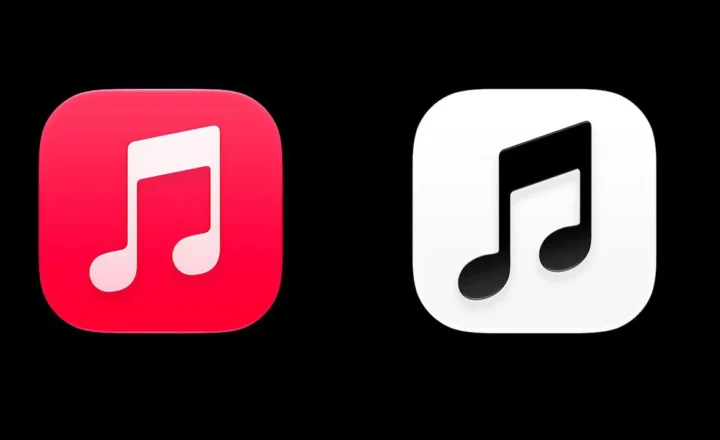 Two Apple Music app icons side by side on a black background: a white musical note on a red rounded square at left and a black musical note on a white rounded square at right.