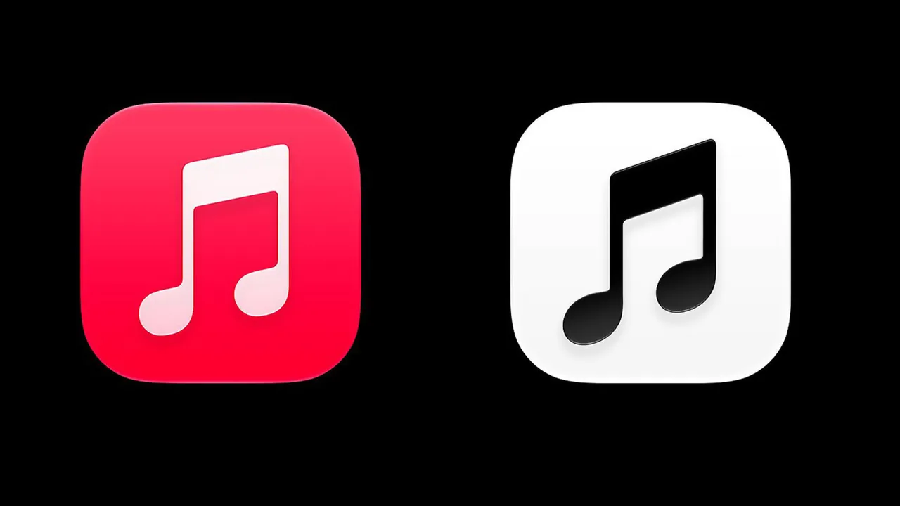 Two Apple Music app icons side by side on a black background: a white musical note on a red rounded square at left and a black musical note on a white rounded square at right.