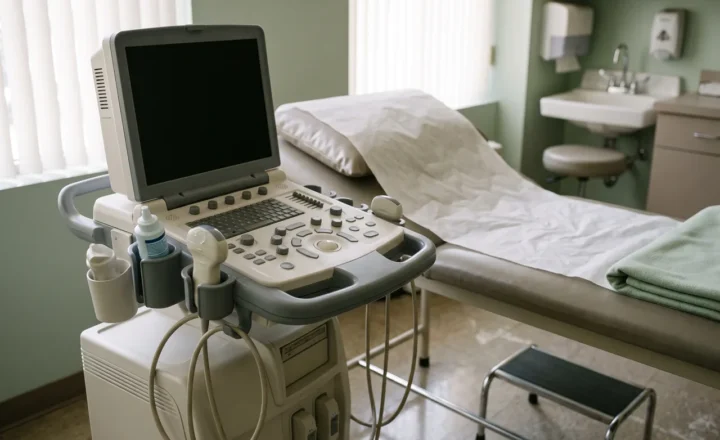 Ultrasound machine with probes beside an examination bed in a softly lit clinic; AI-generated illustration.