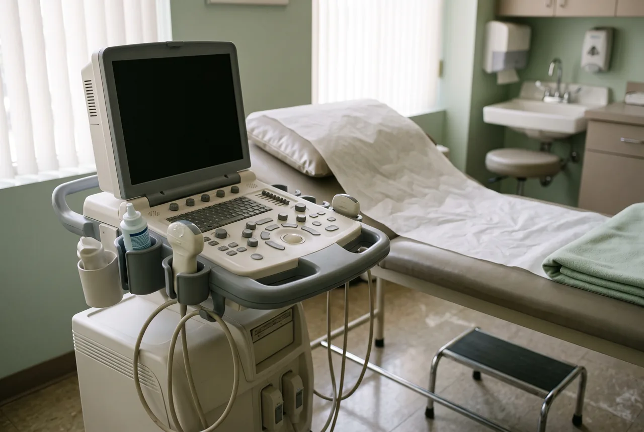 Ultrasound machine with probes beside an examination bed in a softly lit clinic; AI-generated illustration.