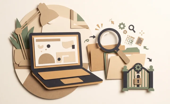 Original editorial illustration in a cut-paper style: a laptop on a home-office desk, with plain file folders beside it and a magnifying glass linking the folders to a simple permission gate. Small pictorial action symbols suggest searching and organizing files. Use warm paper tones, charcoal, and muted green. Include no text, logos, watermarks, trademarks, or fabricated documentary evidence; do not reproduce a branded interface.