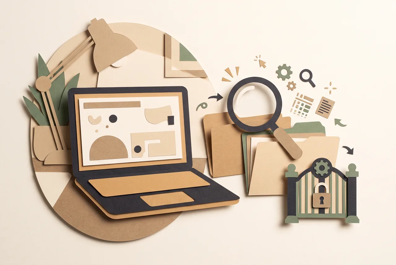 Original editorial illustration in a cut-paper style: a laptop on a home-office desk, with plain file folders beside it and a magnifying glass linking the folders to a simple permission gate. Small pictorial action symbols suggest searching and organizing files. Use warm paper tones, charcoal, and muted green. Include no text, logos, watermarks, trademarks, or fabricated documentary evidence; do not reproduce a branded interface.
