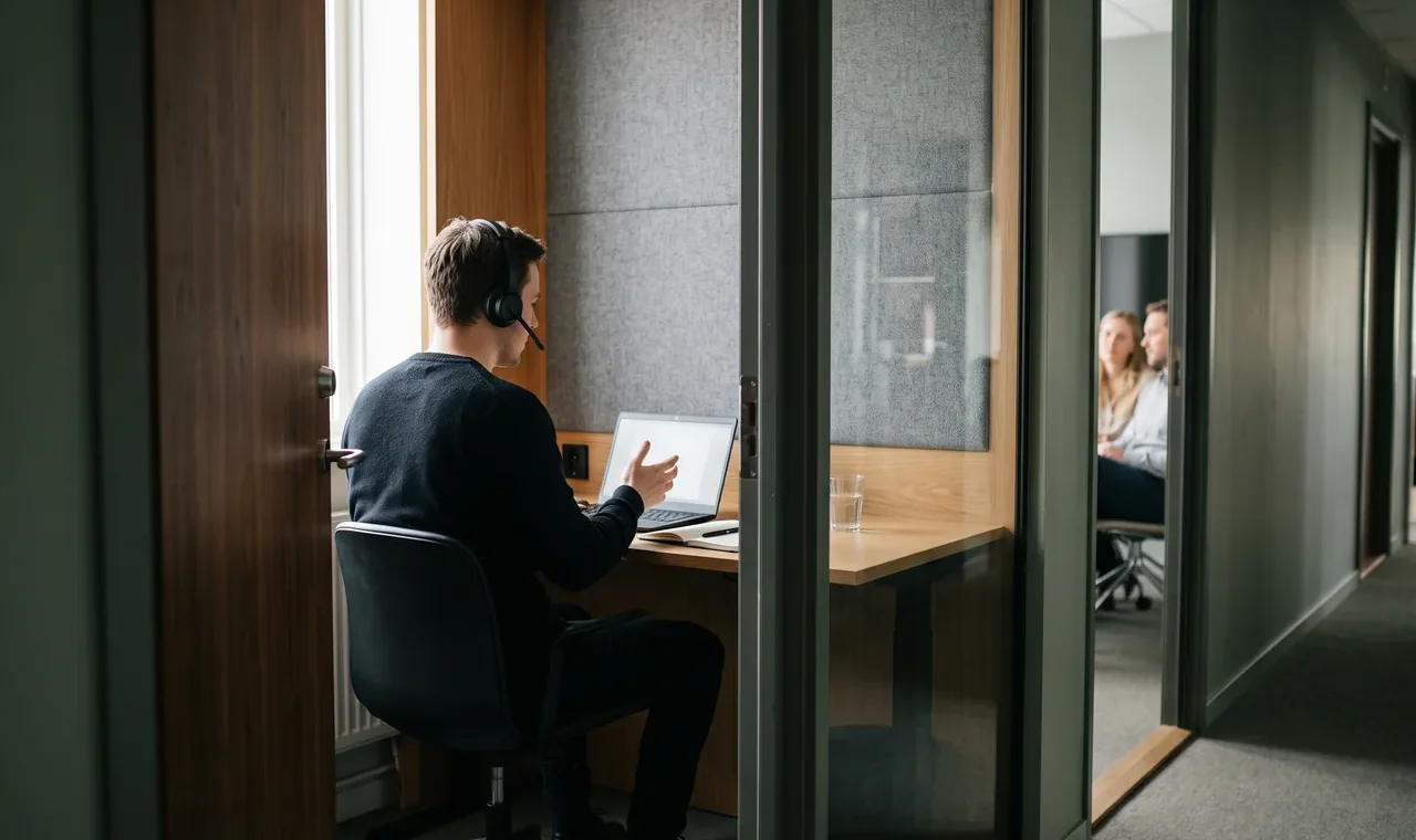 A person wearing a headset sits at a laptop in a wood-lined office booth, gesturing with one hand. Two people are visible through a doorway across the dim hallway.
