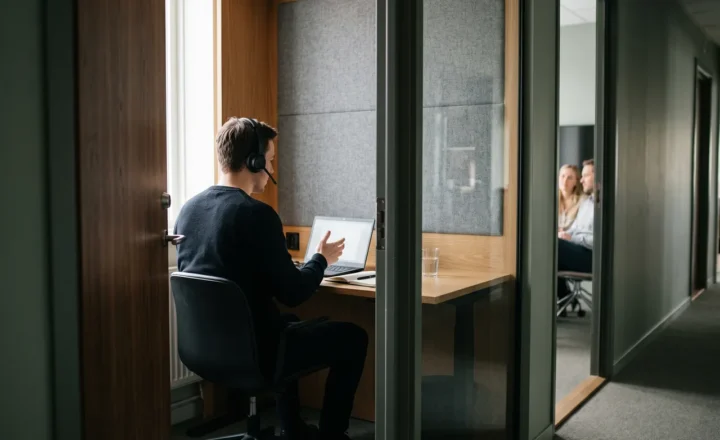 A person wearing a headset sits at a laptop in a wood-lined office booth, gesturing with one hand. Two people are visible through a doorway across the dim hallway.