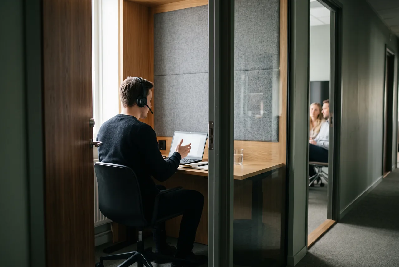 A person wearing a headset sits at a laptop in a wood-lined office booth, gesturing with one hand. Two people are visible through a doorway across the dim hallway.