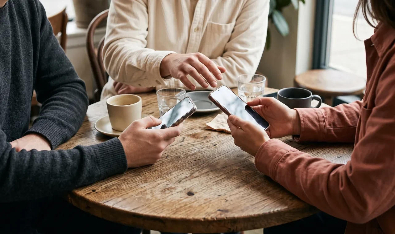 Three people sit around a round wooden table, with their faces mostly cropped out. Two hold smartphones while the person between them gestures above the table. Cups, glasses and saucers sit nearby.