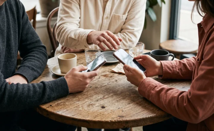 Three people sit around a round wooden table, with their faces mostly cropped out. Two hold smartphones while the person between them gestures above the table. Cups, glasses and saucers sit nearby.