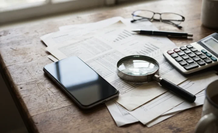 A smartphone with a dark, reflective screen lies beside a magnifying glass on overlapping papers with tables and charts. A calculator, pen, eyeglasses and partially visible mugs sit on the wooden desk near a window.