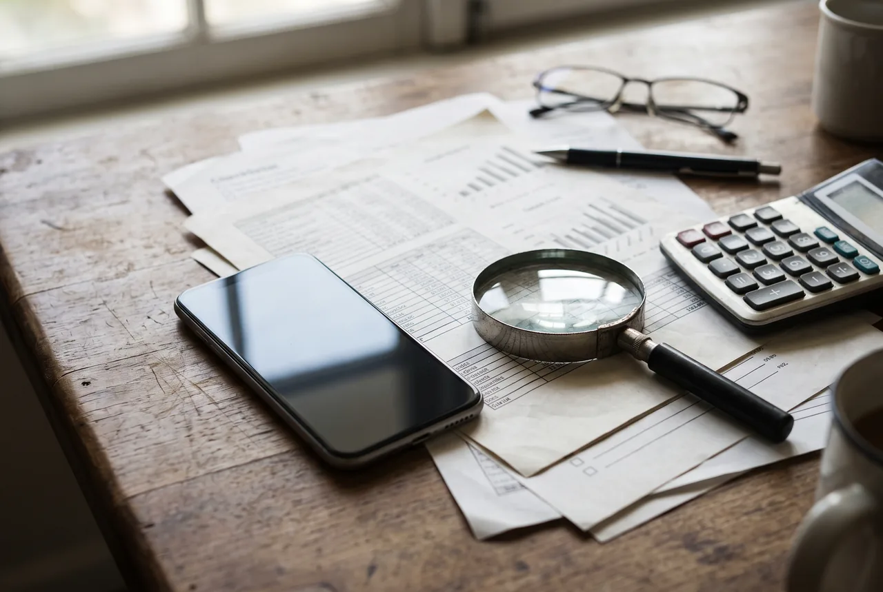 A smartphone with a dark, reflective screen lies beside a magnifying glass on overlapping papers with tables and charts. A calculator, pen, eyeglasses and partially visible mugs sit on the wooden desk near a window.