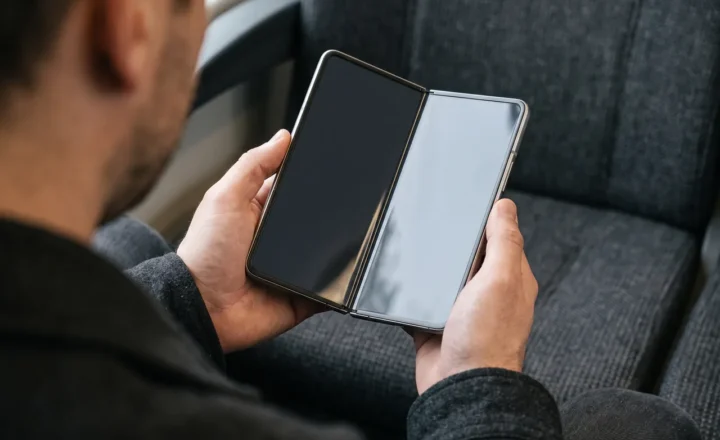 Over-the-shoulder view of a seated person holding an open, book-like foldable device with two blank reflective panels above a gray upholstered seat.