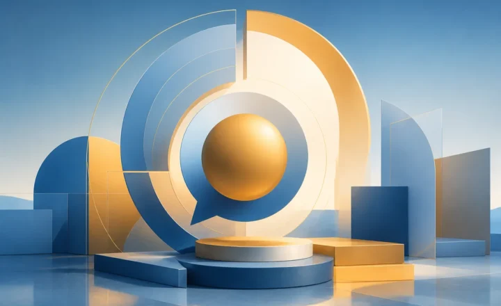 An abstract illustration about technology and human ingenuity. Geometric forms in calm blue and warm gold. No people, text, logos, brands, realistic events, charts, numbers or claims. Clearly an illustration.