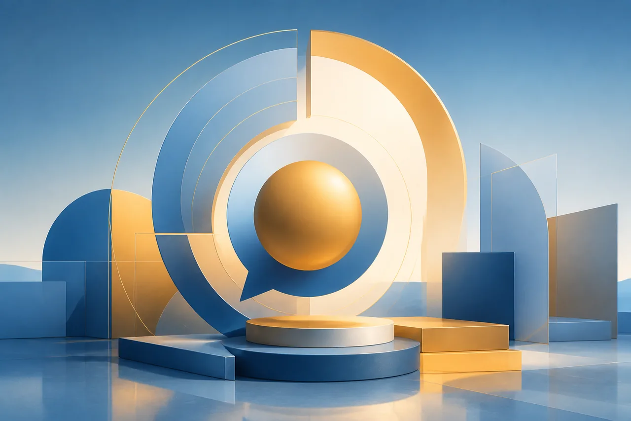 An abstract illustration about technology and human ingenuity. Geometric forms in calm blue and warm gold. No people, text, logos, brands, realistic events, charts, numbers or claims. Clearly an illustration.
