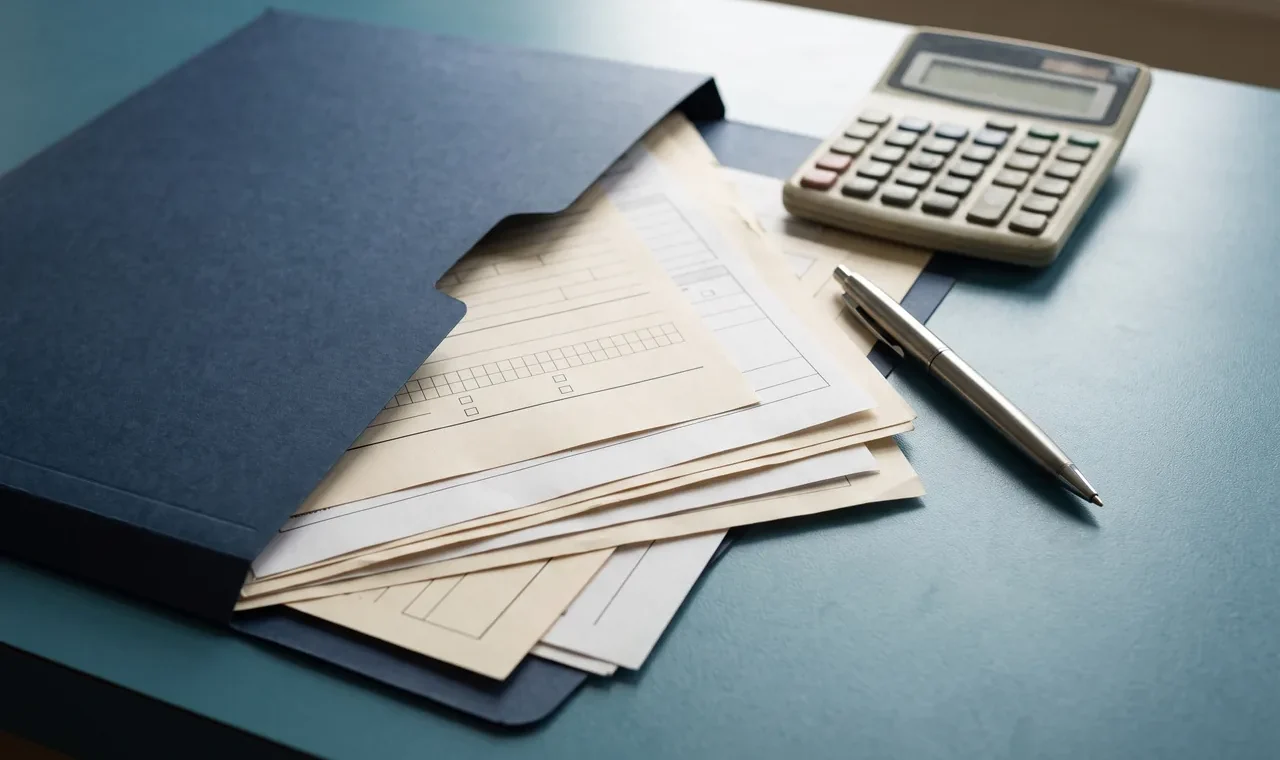 A navy folder holds blank cream forms beside a calculator and a silver pen on a blue surface, shown in a close-up AI-generated illustration.