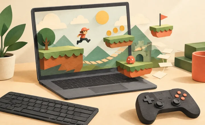 An original editorial illustration in a cut-paper style: a laptop with a simple, invented platform game scene emerging from its screen, alongside a keyboard and game controller. Small paper platforms, paths and game pieces suggest games taking shape through typed prompts. Use warm cream, coral and leaf green with charcoal accents. Include no text, logos, watermarks, trademarks or fabricated documentary evidence.