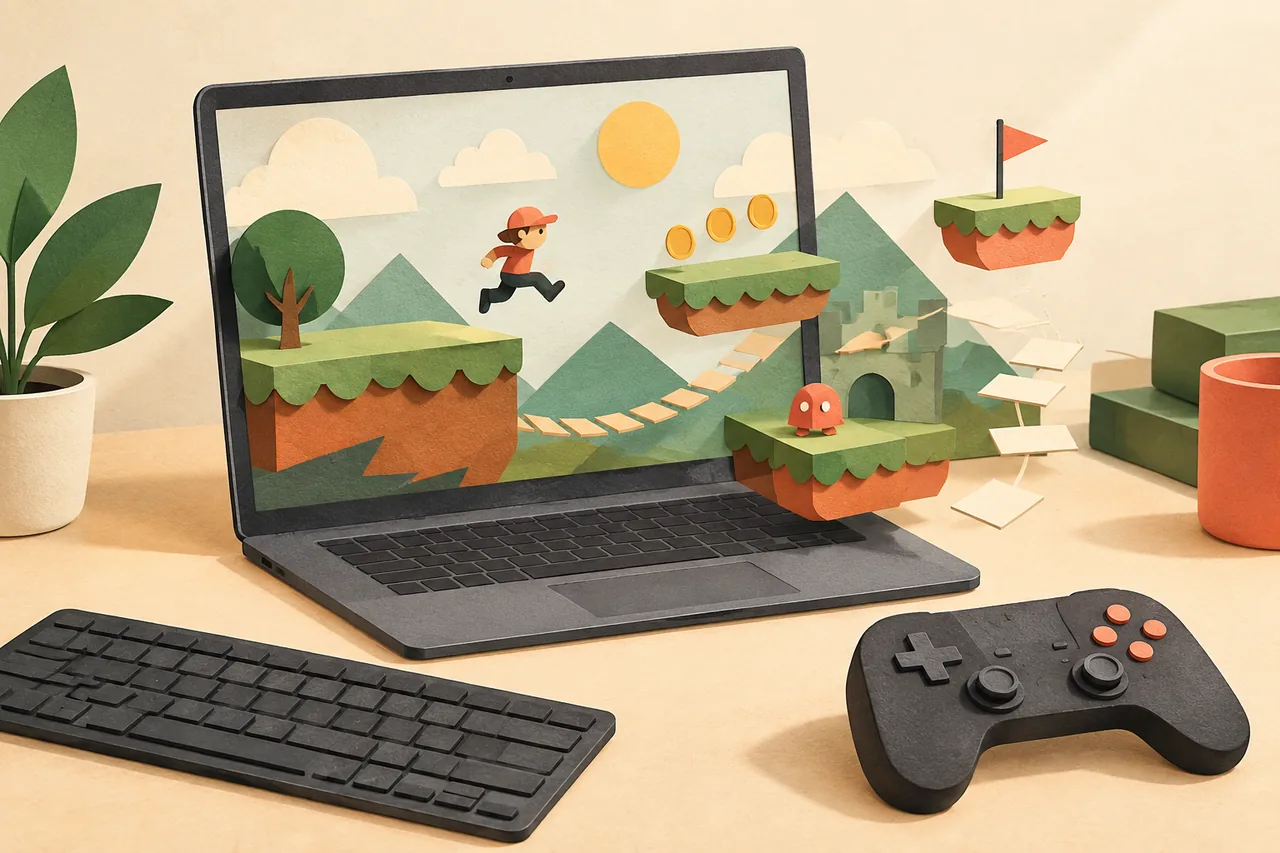 An original editorial illustration in a cut-paper style: a laptop with a simple, invented platform game scene emerging from its screen, alongside a keyboard and game controller. Small paper platforms, paths and game pieces suggest games taking shape through typed prompts. Use warm cream, coral and leaf green with charcoal accents. Include no text, logos, watermarks, trademarks or fabricated documentary evidence.