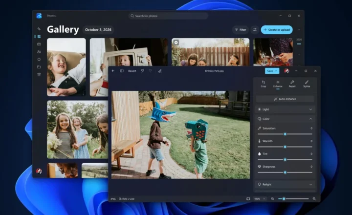 Windows 11 desktop with the Photos gallery behind a photo-editing window. The editor displays two children wearing dinosaur masks outdoors, with enhancement and color adjustment controls on the right.