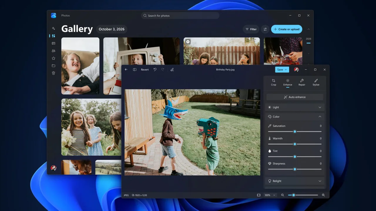 Windows 11 desktop with the Photos gallery behind a photo-editing window. The editor displays two children wearing dinosaur masks outdoors, with enhancement and color adjustment controls on the right.