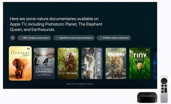 Apple TV box and silver remote beside a television displaying a conversational recommendation for nature documentaries, with cover art for The Elephant Queen, The Year Earth Changed, Earthsounds, Prehistoric Planet: Ice Age, The Wild Ones, and Tiny World.
