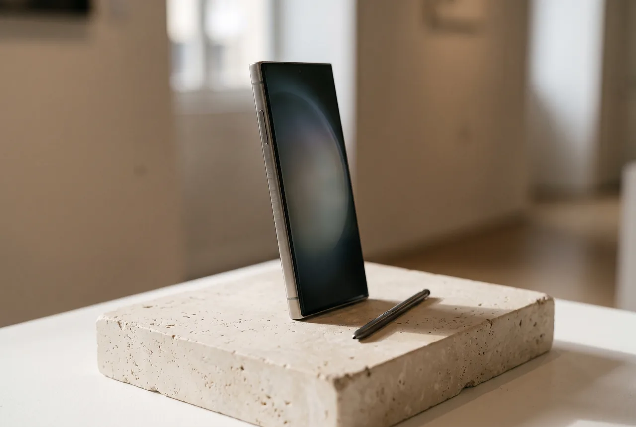 A silver-edged smartphone stands upright at a slight angle on a cream-colored stone slab, with a dark stylus lying diagonally beside it. Its screen shows a muted circular pattern against a softly blurred interior.