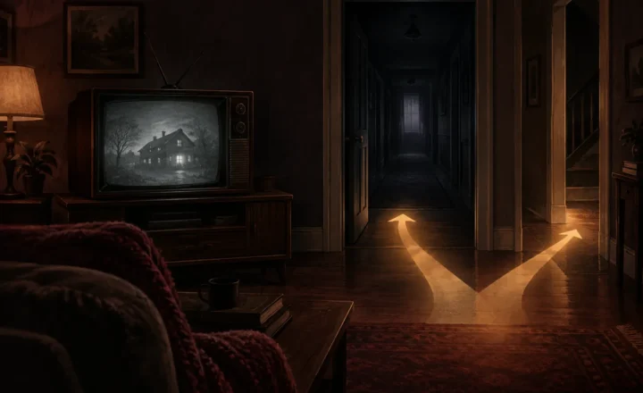 An original editorial illustration of a vintage television in a dim living room, with an open doorway leading into a shadowy hallway and two branching paths of light suggesting dialogue choices in a haunting investigation game. Use charcoal, muted burgundy and warm amber in a drawn illustration style. Include no text, logos, watermarks, trademarks or fabricated documentary evidence; do not reproduce game artwork or film imagery.