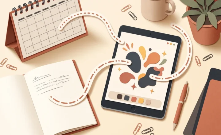 Overhead illustration of a tablet displaying colorful abstract shapes on a cream desk, surrounded by an open notebook, blank desk calendar, mug, potted plant, pen and paper clips. Curved white ribbons with rust-colored dashes sweep across the tablet, notebook and calendar.