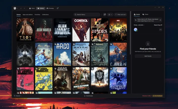 Dark-themed Epic launcher preview displaying a grid of game covers, including Alan Wake II, Control, Hades and Hollow Knight, with Steam badges on several games and a friends panel on the right.