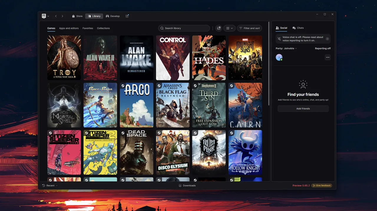 Dark-themed Epic launcher preview displaying a grid of game covers, including Alan Wake II, Control, Hades and Hollow Knight, with Steam badges on several games and a friends panel on the right.
