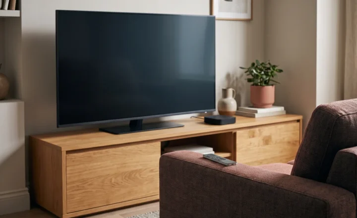 A large television with a dark screen stands on a wooden media cabinet beside a small black box, a ceramic pitcher and a potted plant on stacked books. A remote rests on the arm of a brown upholstered chair in the foreground.