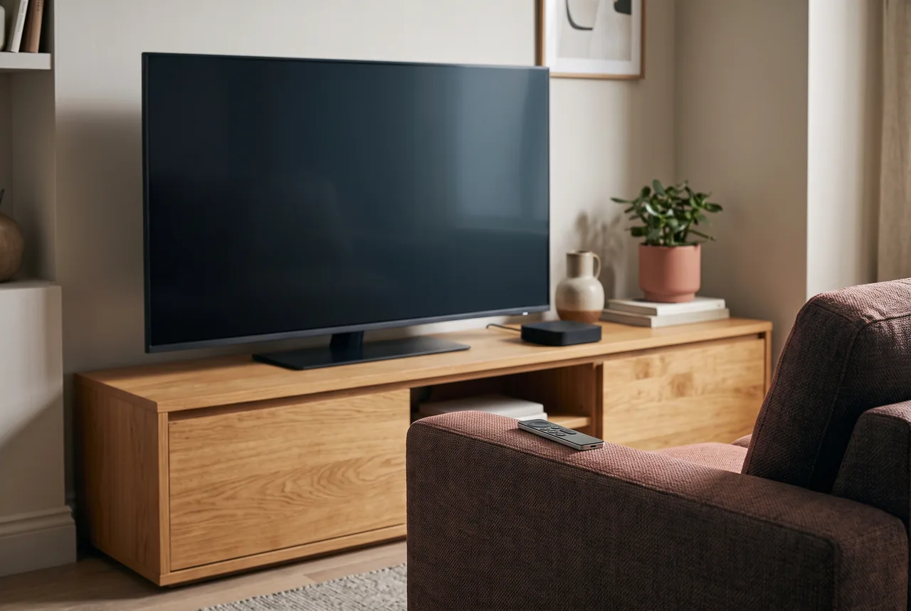 A large television with a dark screen stands on a wooden media cabinet beside a small black box, a ceramic pitcher and a potted plant on stacked books. A remote rests on the arm of a brown upholstered chair in the foreground.
