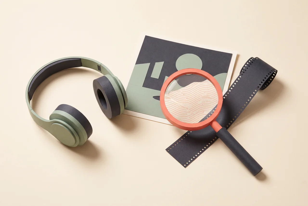 Original editorial illustration in a cut-paper still-life style: a photographic print, film strip and headphones on a cream tabletop, with a magnifying glass revealing a subtle patterned layer on selected media pieces while others remain unmarked. Use charcoal, coral and sage tones. Convey checking supported media for embedded watermarks without implying universal AI detection. No text, logos, watermarks, trademarks or fabricated documentary evidence.