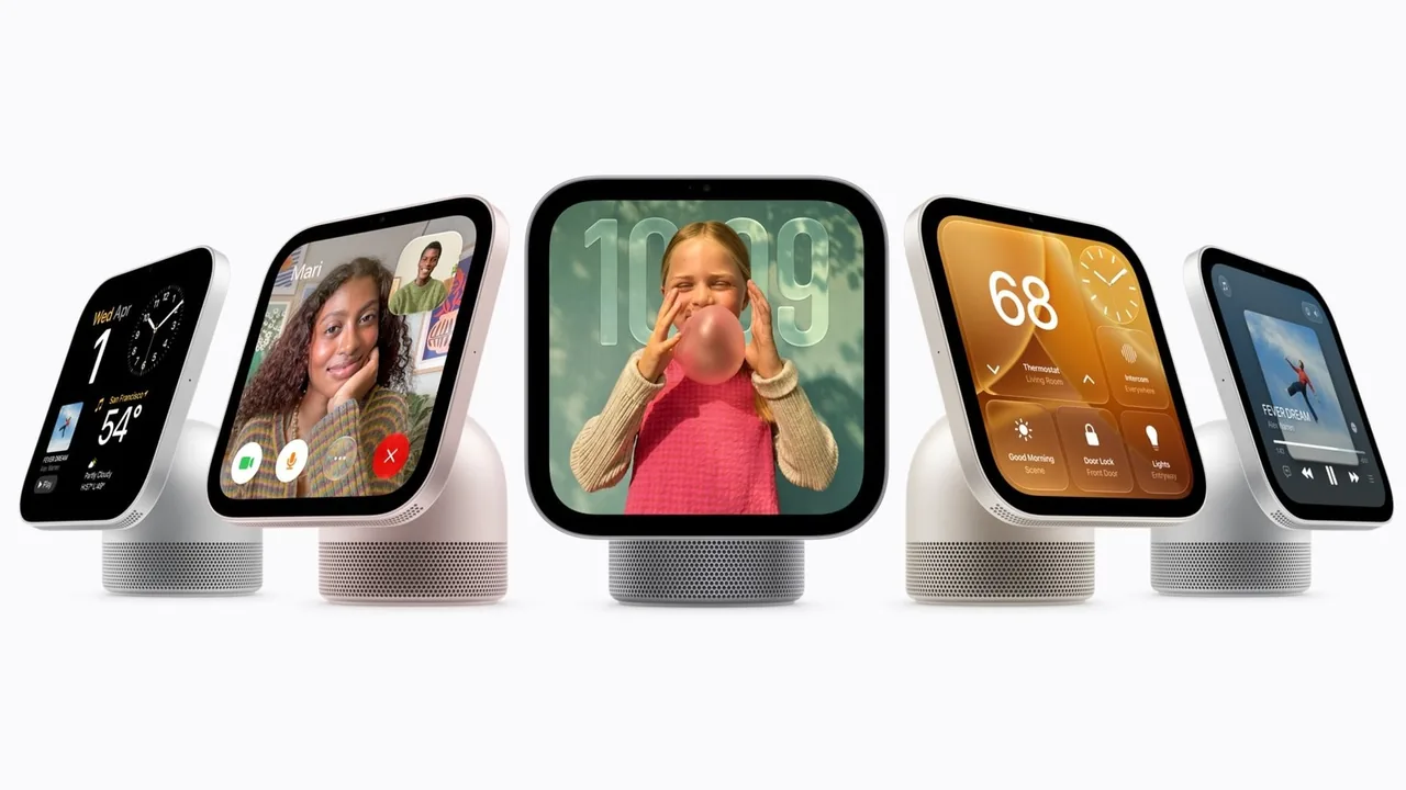 Five smart displays with rounded black screens and perforated speaker bases on a white background. The screens show a clock and weather, a video call, a child blowing a bubble, smart home controls and music playback.